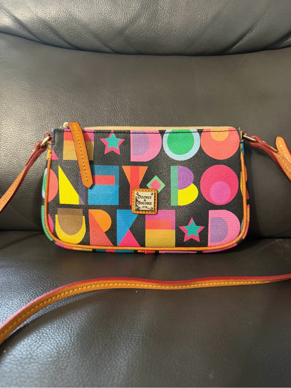 Dooney & Bourke Black Multicolor Logo Crossbody with Tan Trim